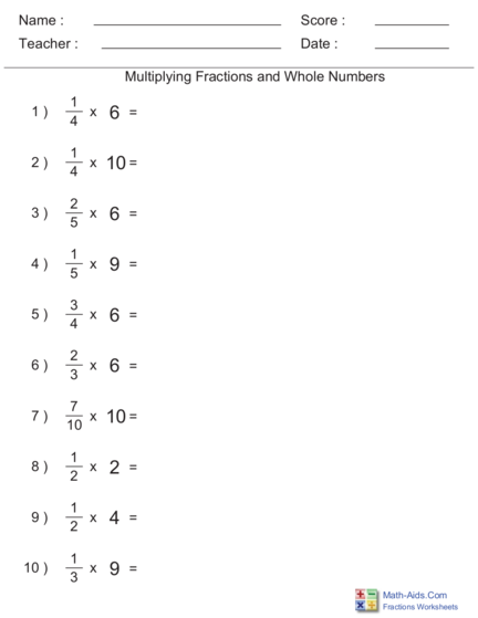 Multiplying Fractions By Whole Numbers Worksheet