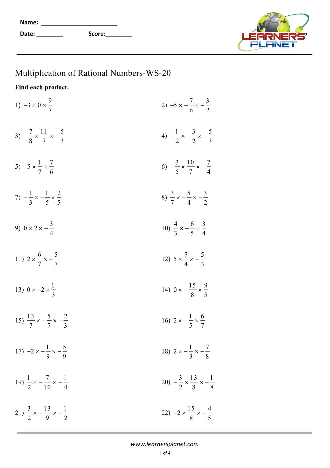 Multiplying Rational Numbers Worksheet Multiplying Rational Numbers Worksheet