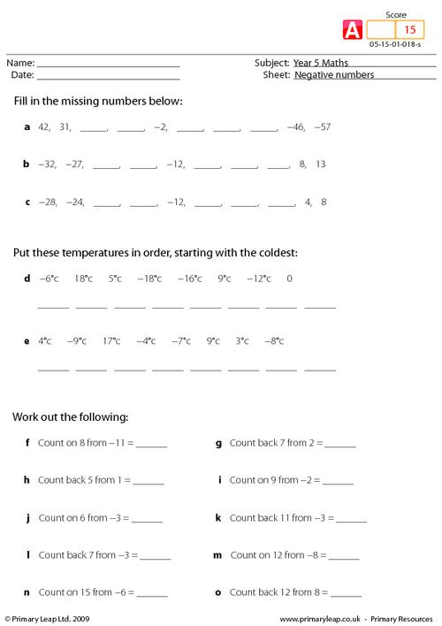Numeracy Negative Numbers Worksheet PrimaryLeap co uk