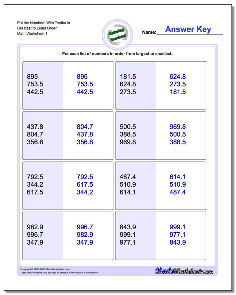 Ordering Numbers Worksheet Place Value With Decimals Ordering Numbers