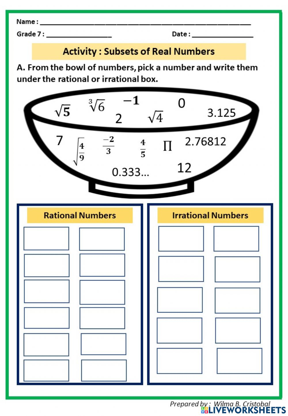 Rational Vs Irrational Numbers Worksheet Rational Vs Irrational Numbers Worksheet