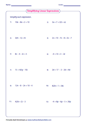 Simplifying Linear Expressions Simplifying Expressions Algebraic 