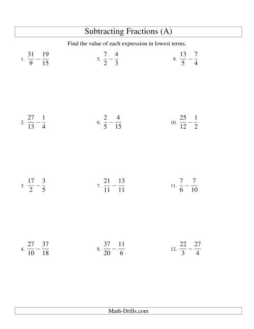 Subtracting Fractions With Unlike Denominators And Some Improper