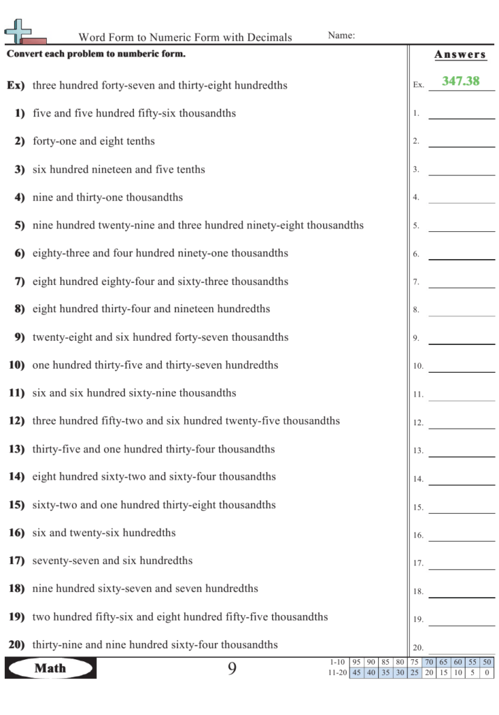 Word Form To Numeric Form With Decimals Worksheet With Answers Download