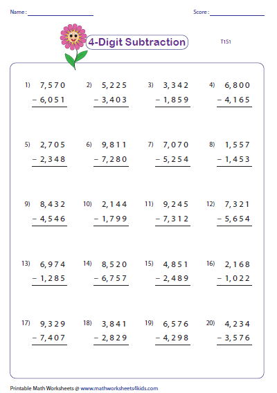 4 Digit Subtraction Worksheets