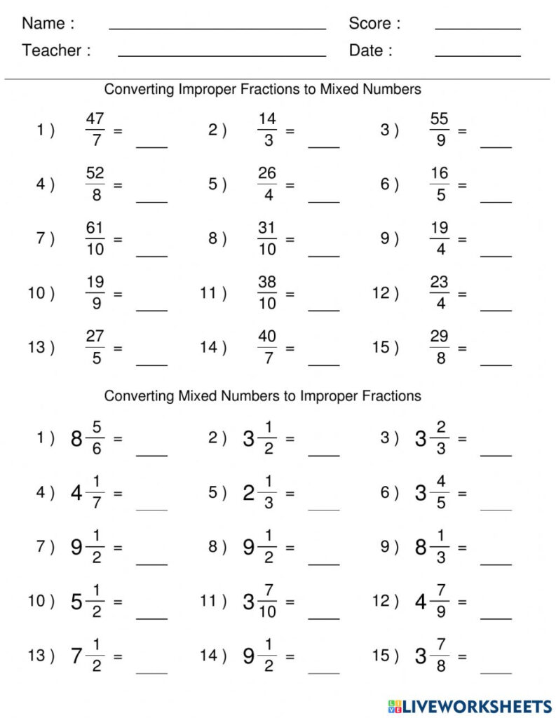 43 Converting Improper Fractions To Mixed Numbers Worksheet Worksheet