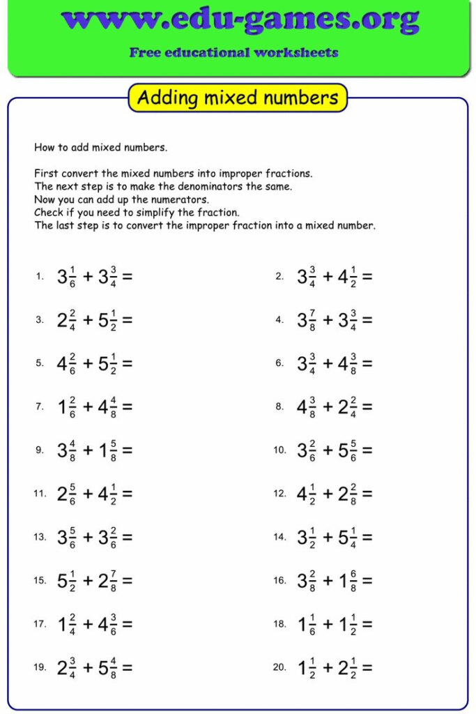 Adding And Subtracting Fractions With Mixed Numbers Worksheets Pdf