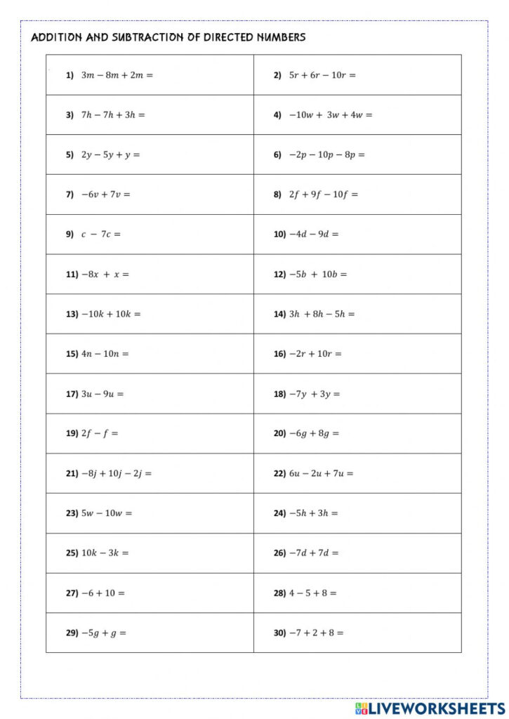 Addition And Subtraction Of Directed Numbers Worksheet