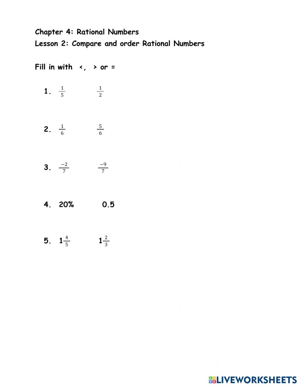 Compare And Order Rational Numbers Worksheet