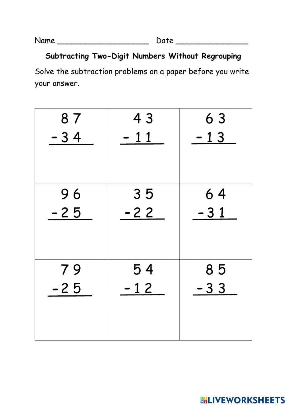 Ejercicio De Subtracting 2 Digit Numbers Without Regrouping Ejercicio De Subtracting 2 Digit Numbers Without Regrouping