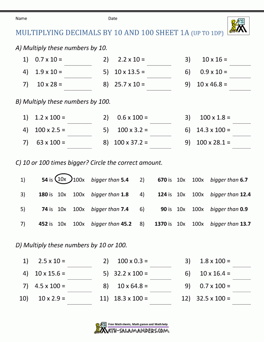 Multiplying Decimals By 10 100 Multiplying Decimals By 10 100