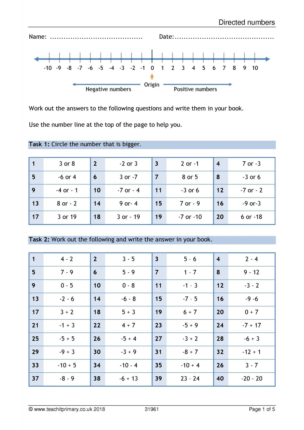 Negative Numbers Ks3 Worksheet With Answers Thekidsworksheet