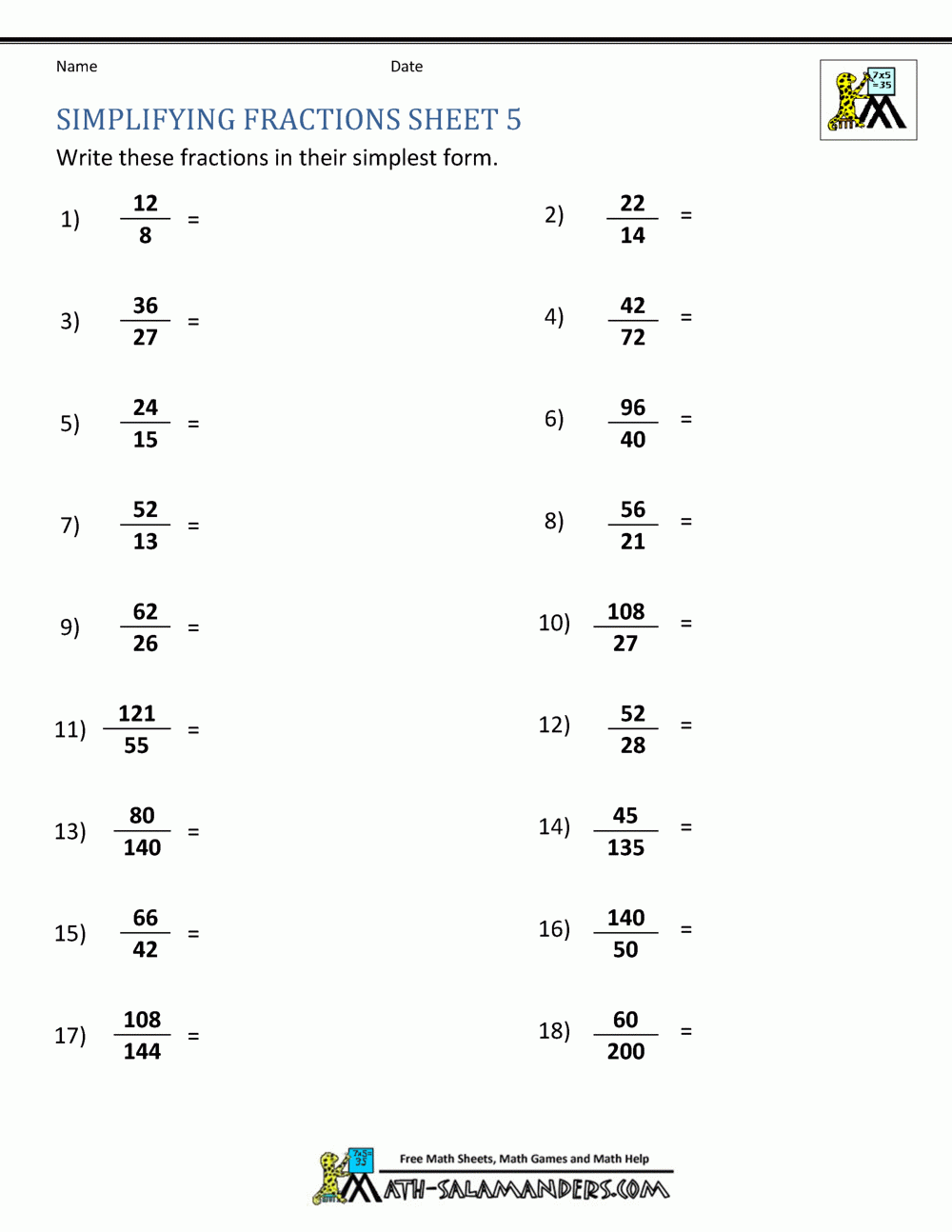 Simplify Fractions Worksheet With Answers