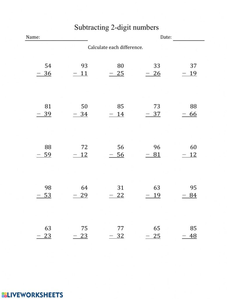 Subtracting 2 Digit Numbers Worksheet