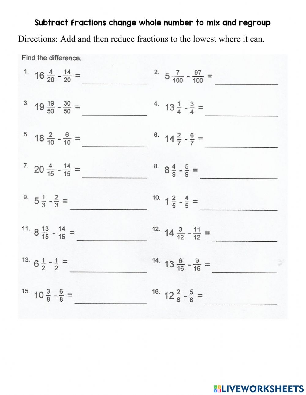 Subtracting Mixed Numbers Worksheet Subtracting Mixed Numbers Worksheet