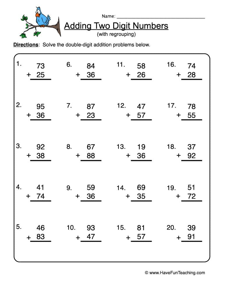 Two Digit Addition Regrouping Worksheet Have Fun Teaching