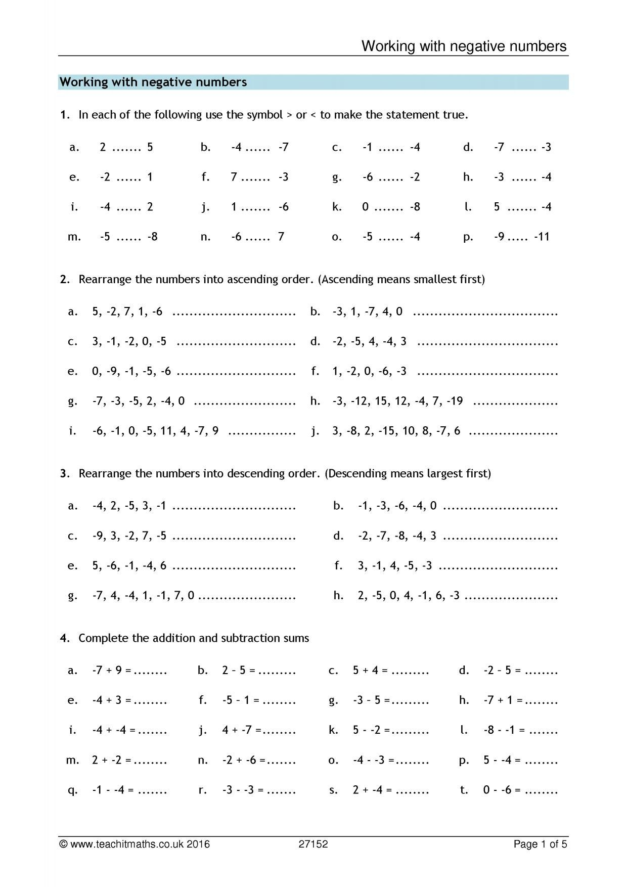 Working With Negative Numbers Negative Numbers Worksheet Negative