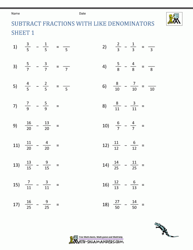 Adding And Subtracting Mixed Numbers With Like Denominators Worksheet