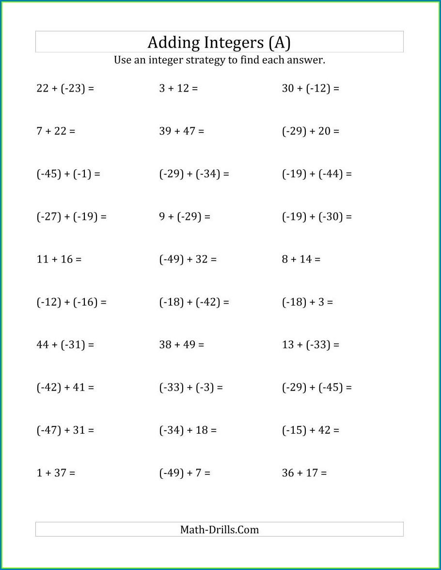 Adding And Subtracting Positive And Negative Numbers Worksheet Adding And Subtracting Positive And Negative Numbers Worksheet