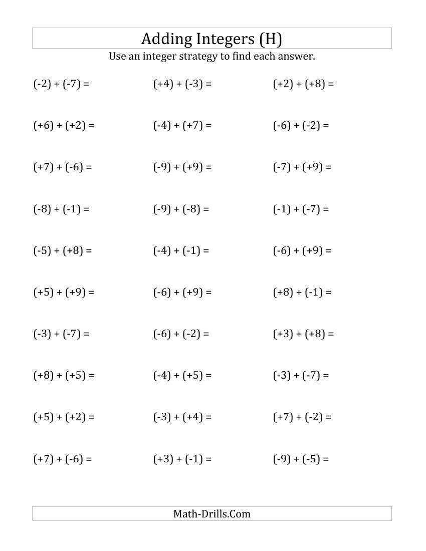 Adding Integers From 9 To 9 All Numbers In Parentheses H 