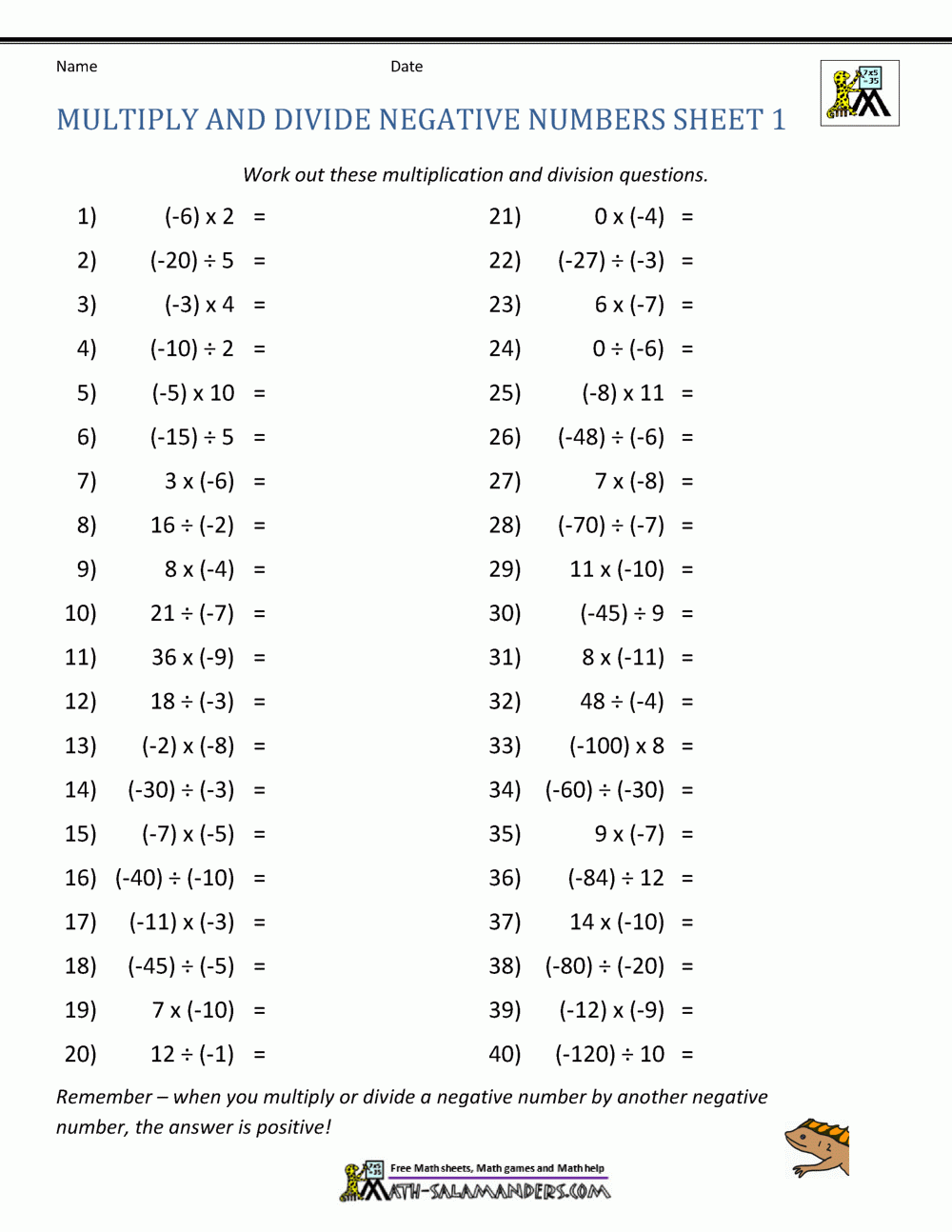 Multiply And Divide Integers Worksheet Multiply And Divide Integers Worksheet