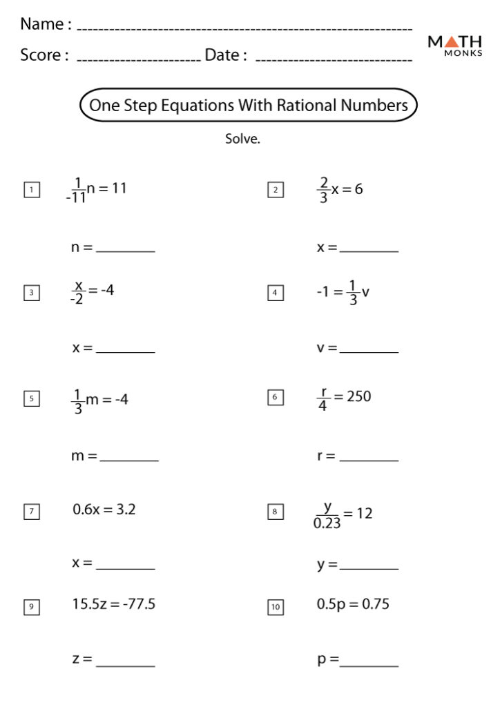 One Step Equations Worksheets Math Monks
