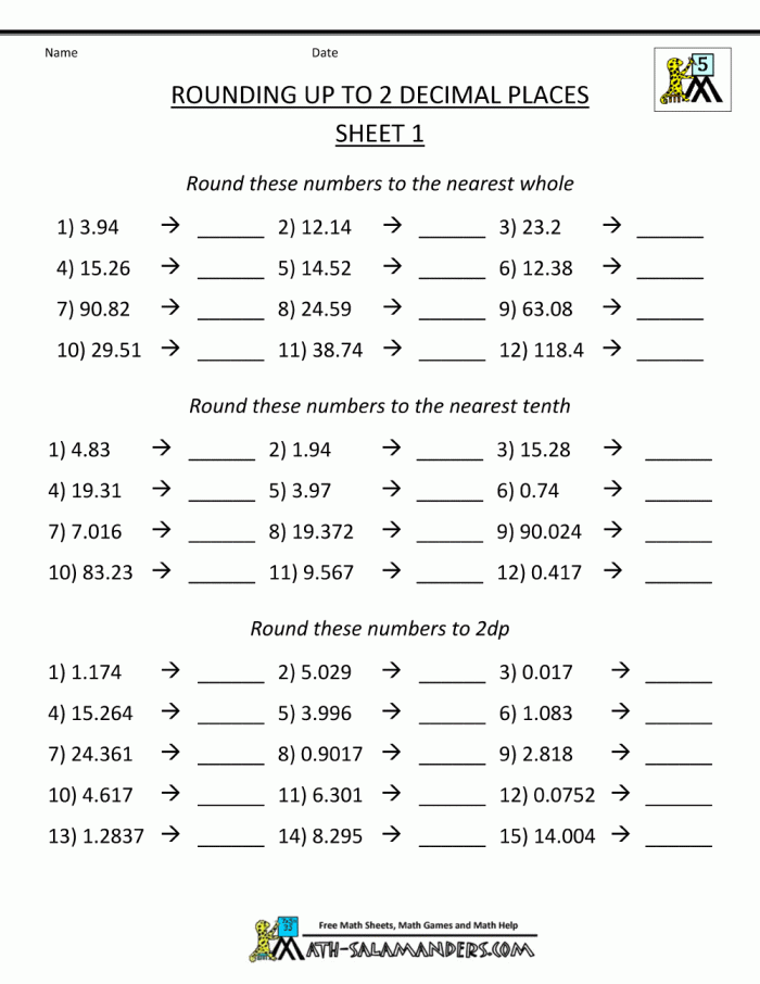 Ordering Decimals Worksheet