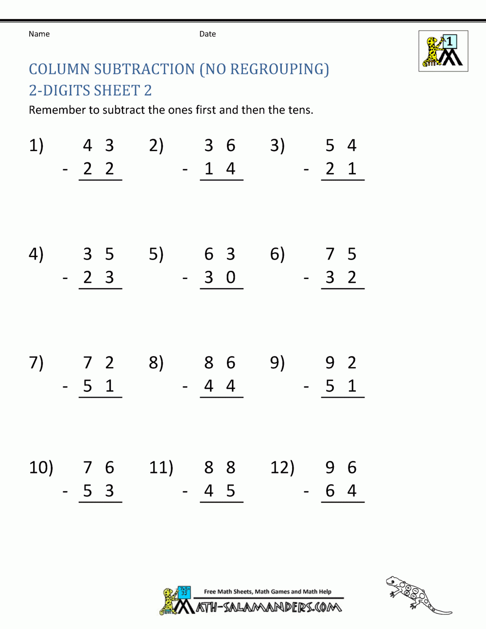2 Digit Subtraction Without Regrouping Worksheets