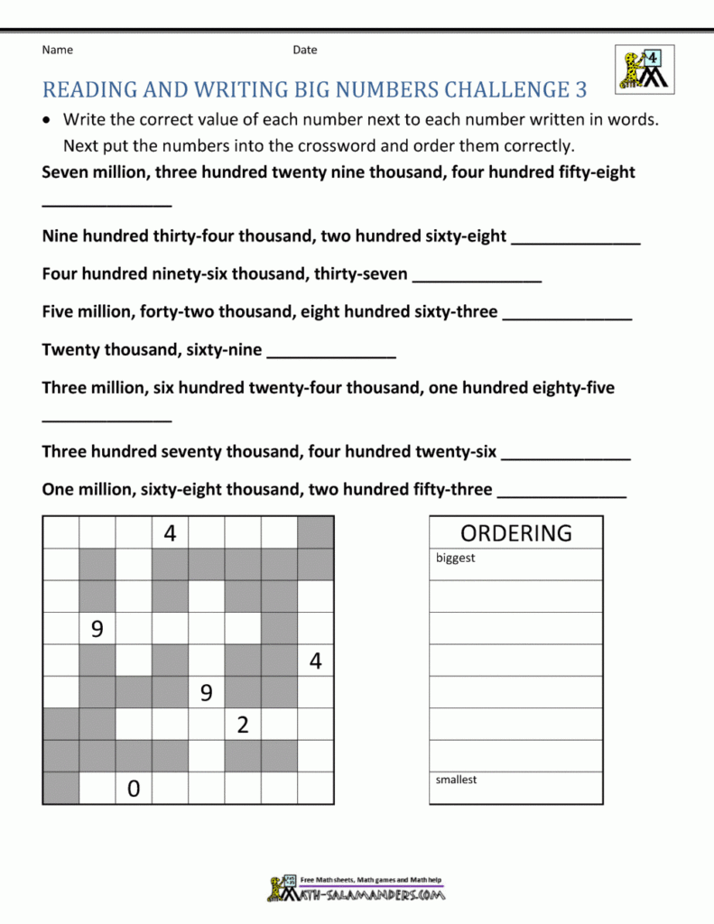 4th Grade Math Worksheets Reading Writing And Rounding BIG Numbers