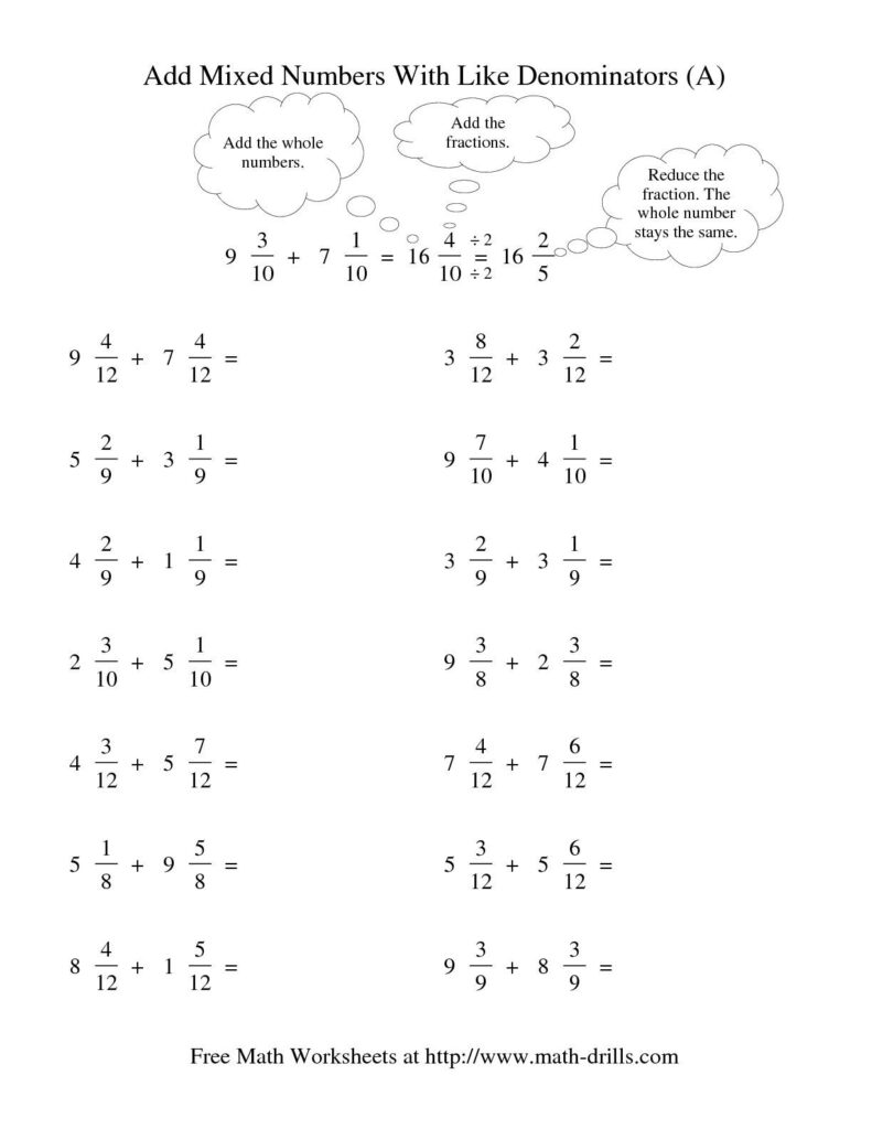 Adding And Subtracting Mixed Numbers With Like Denominators Worksheets