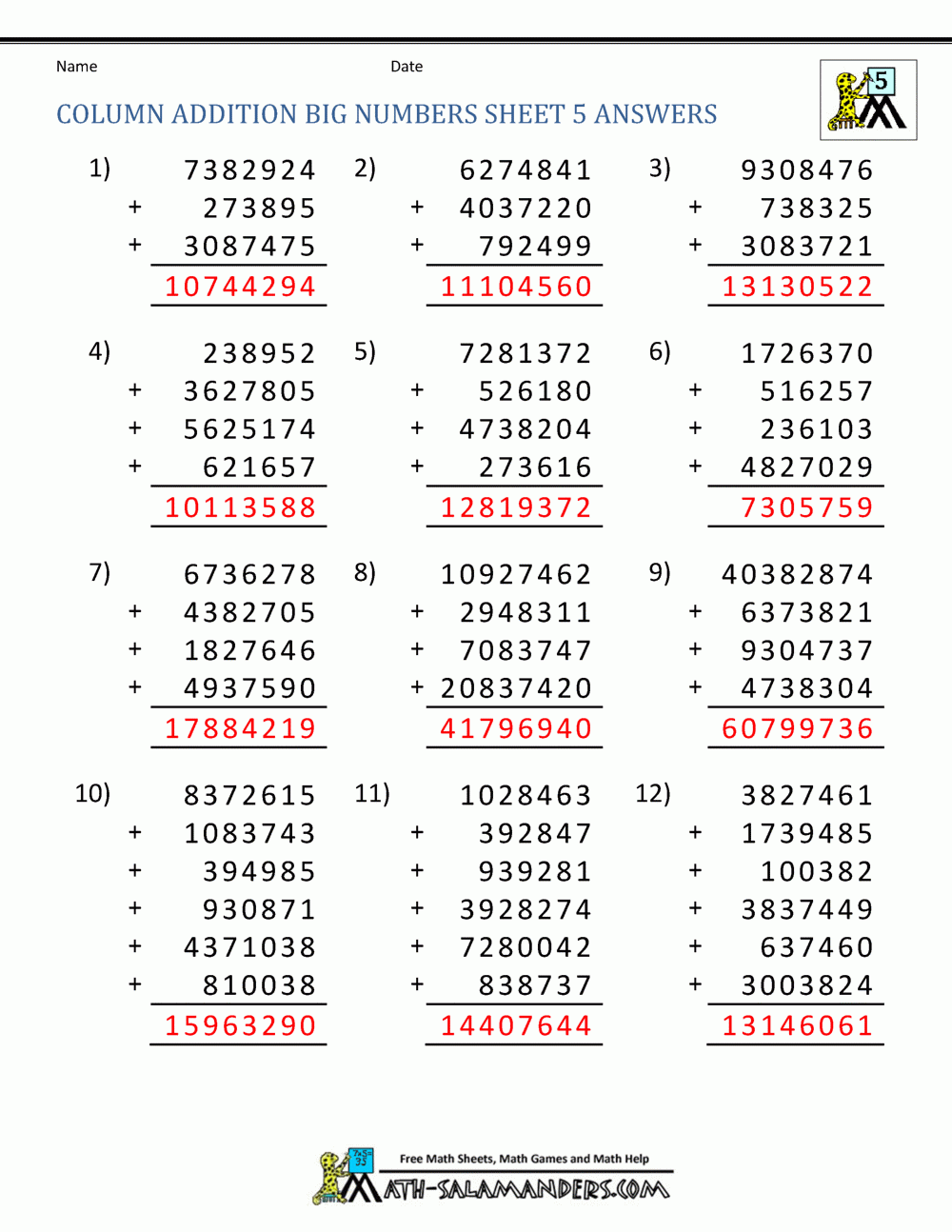 Adding Large Numbers Worksheet
