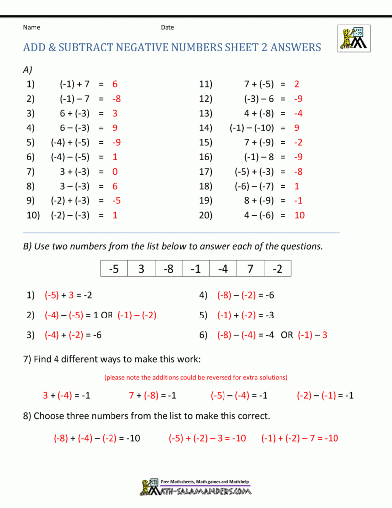 Adding Negative And Positive Numbers Worksheets