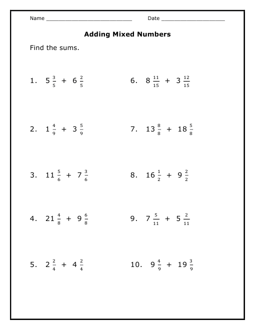 Adding Subtracting Mixed Numbers Worksheet