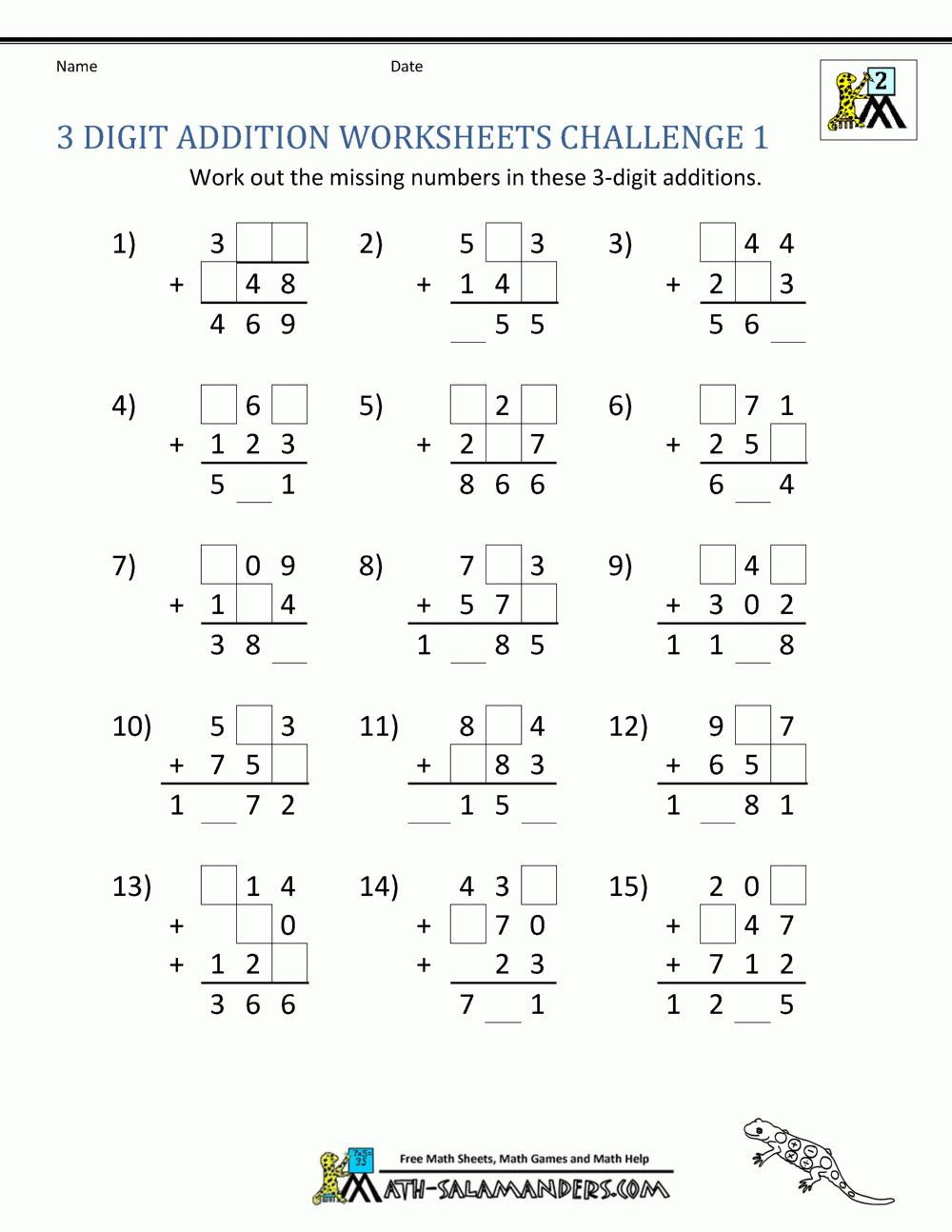 Adding Three Numbers Worksheet