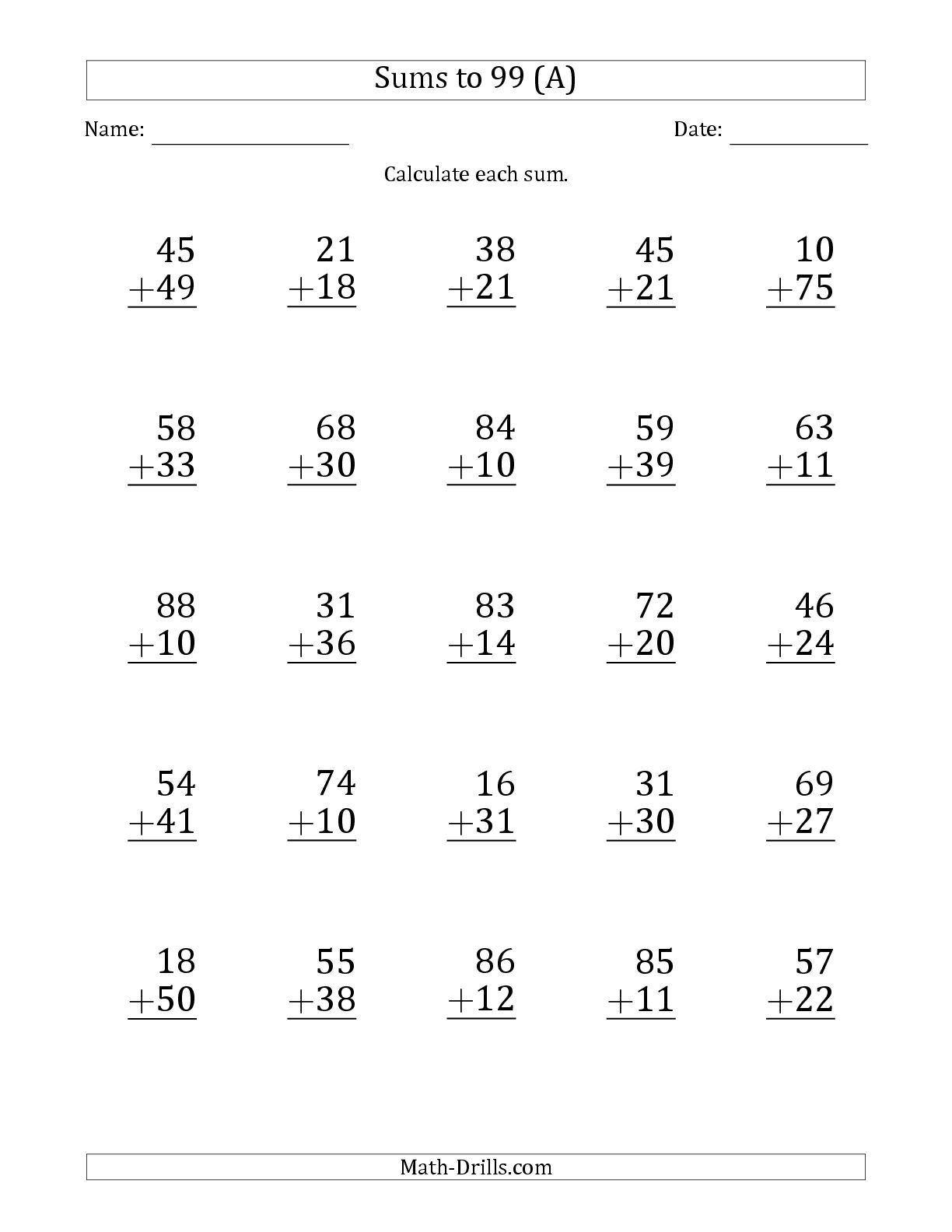 Adding Two Digit Numbers Worksheets