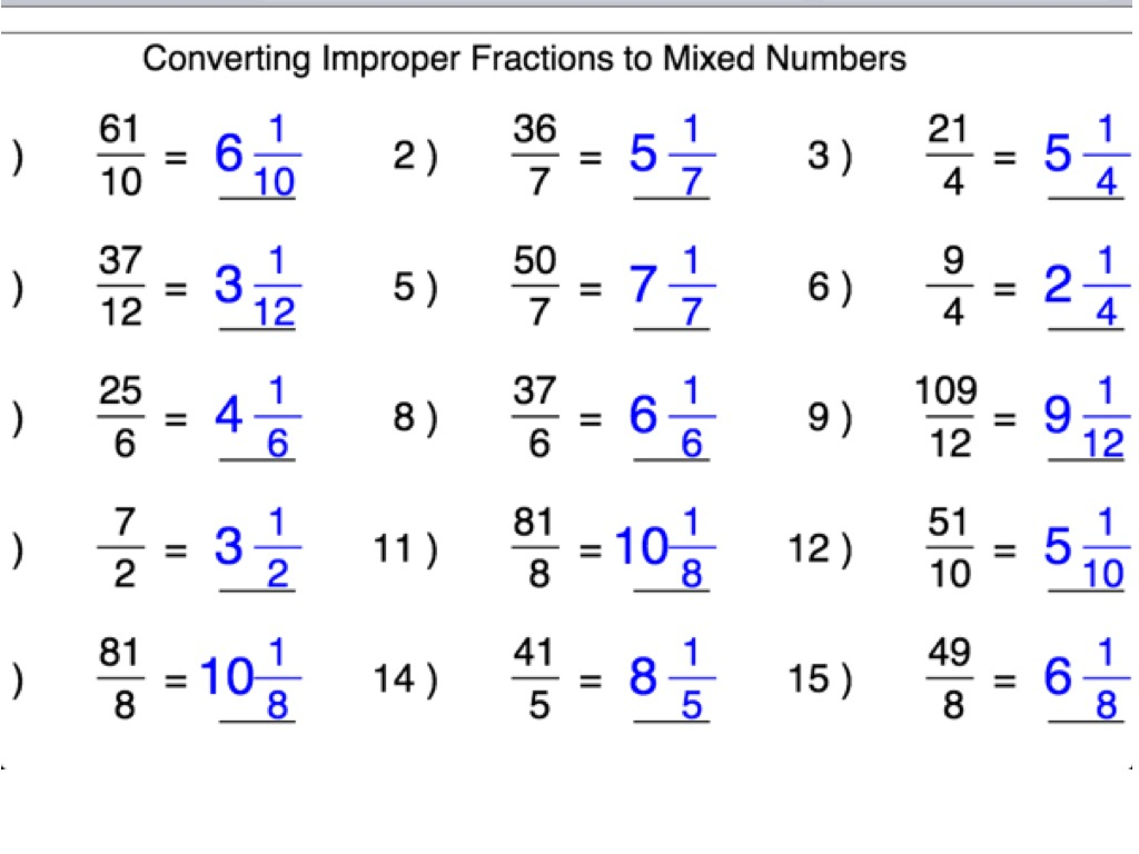 Changing Mixed Numbers To Improper Fractions Worksheet