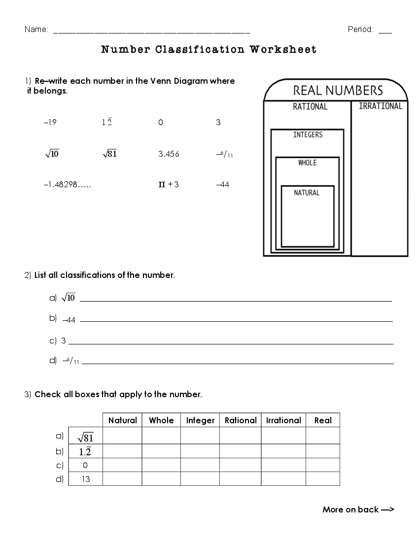 Classifying Real Numbers Worksheet