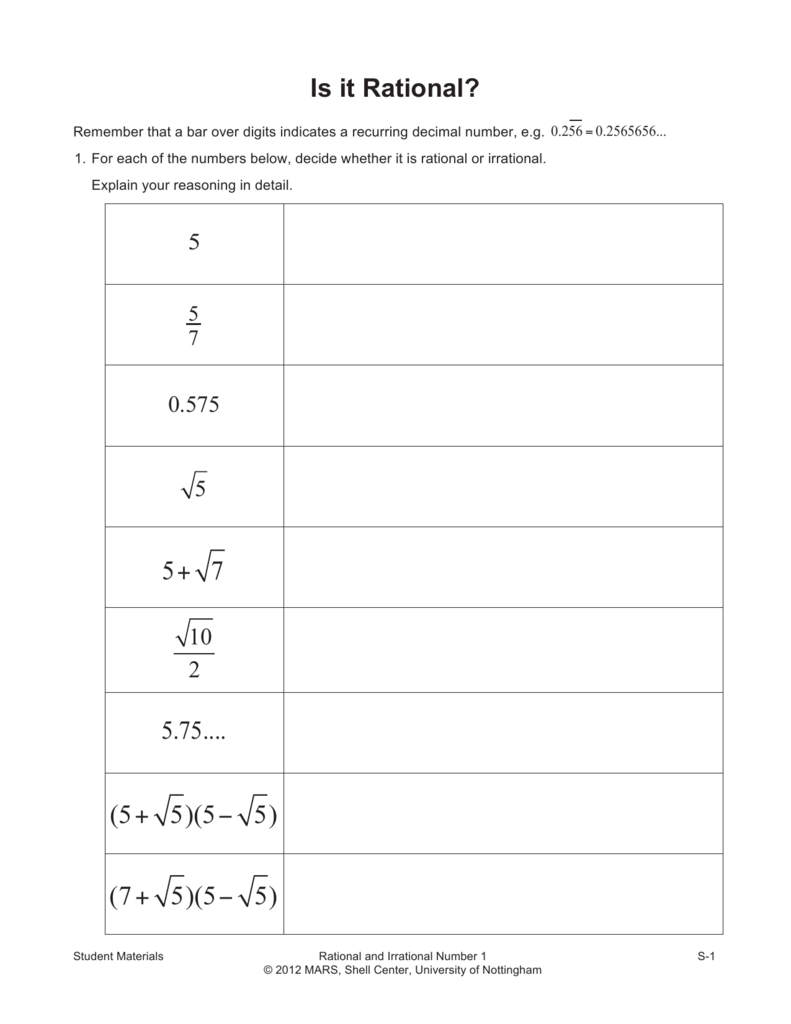 Classifying Real Numbers Worksheet