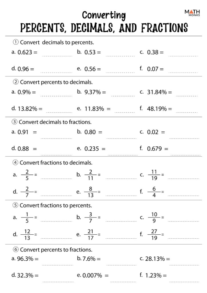 Compare And Order Fractions Decimals And Percents Worksheet