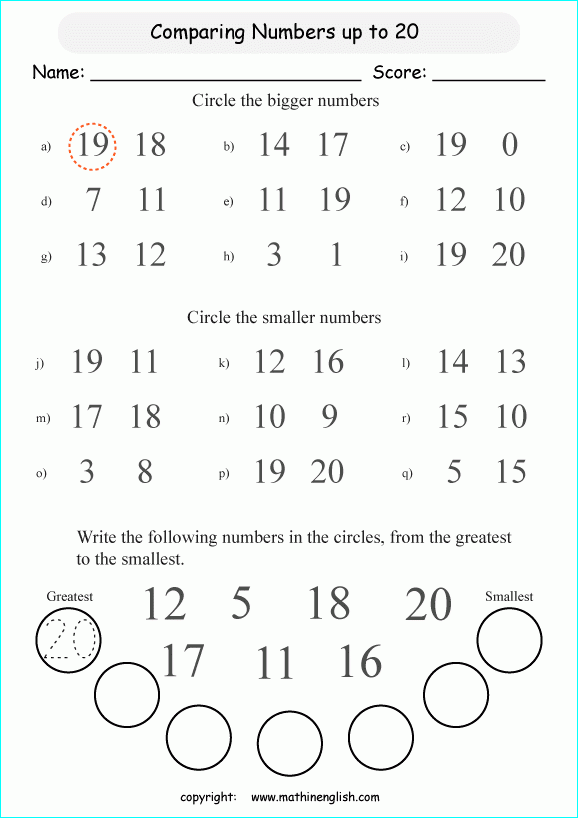 Compare Numbers Up To 20 Grade 1 Math Worksheet For Math Tutoring And