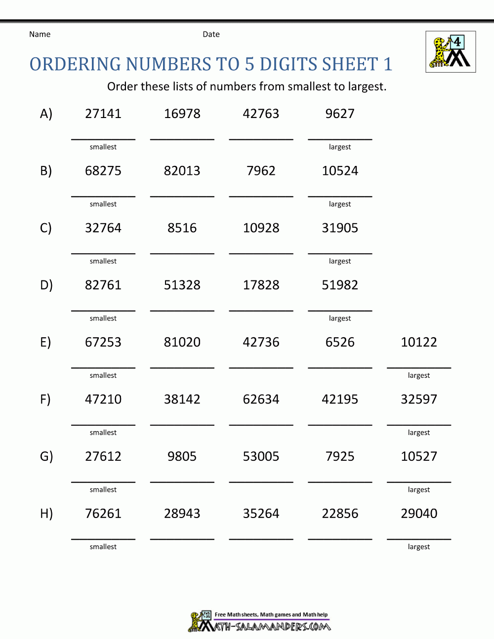 Comparing And Ordering Whole Numbers Worksheets