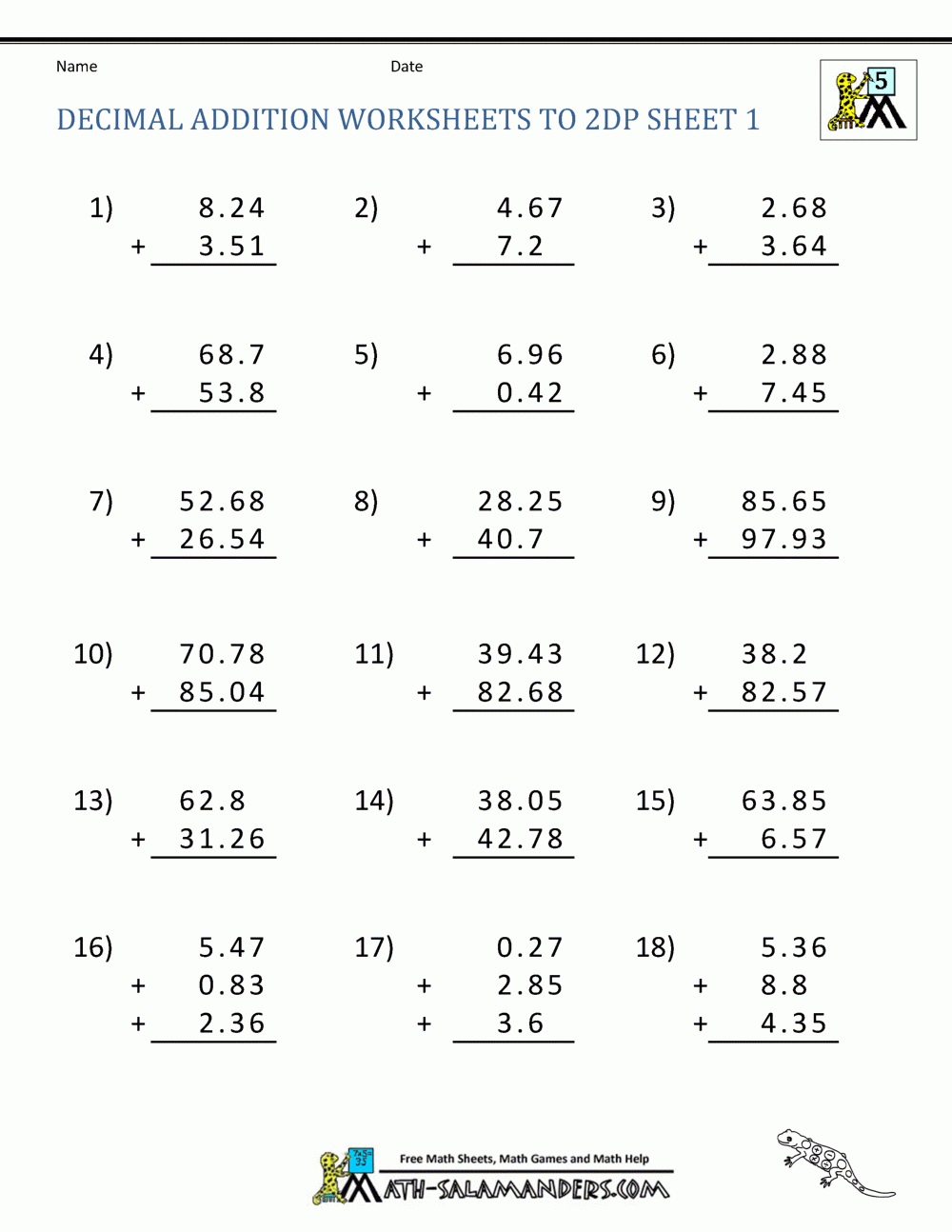 Decimal Addition Worksheets Decimal Addition Worksheets