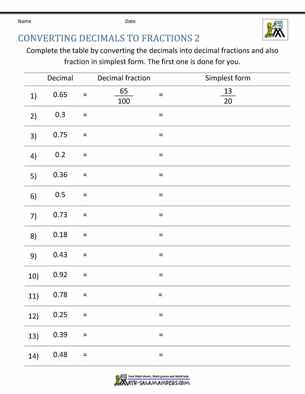 Fractions And Decimals Worksheet