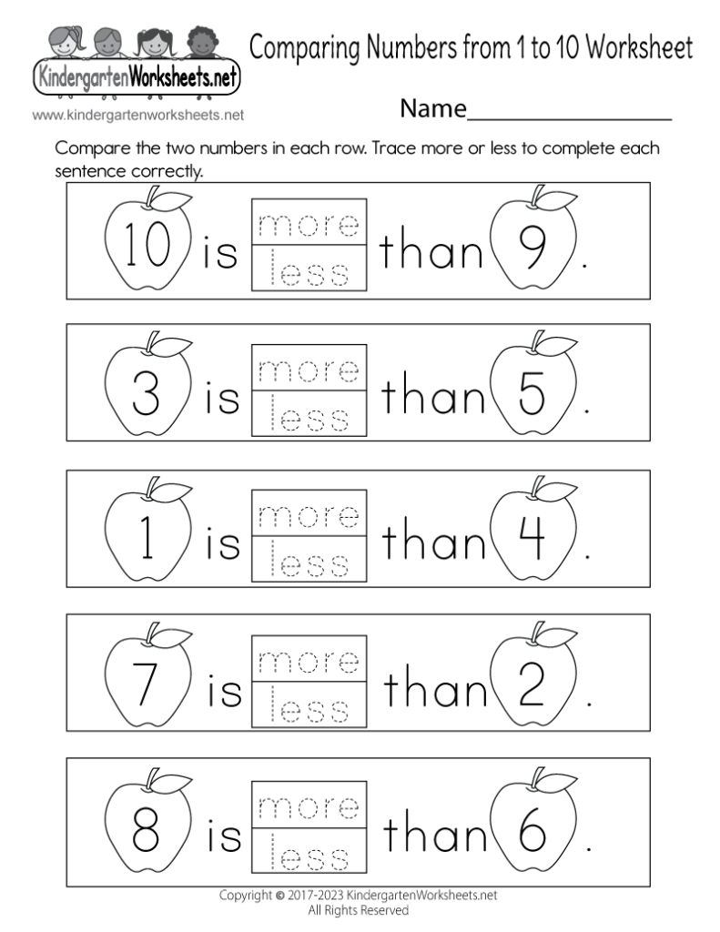 Free Printable Comparing Numbers From 1 To 10 Worksheet For Kindergarten