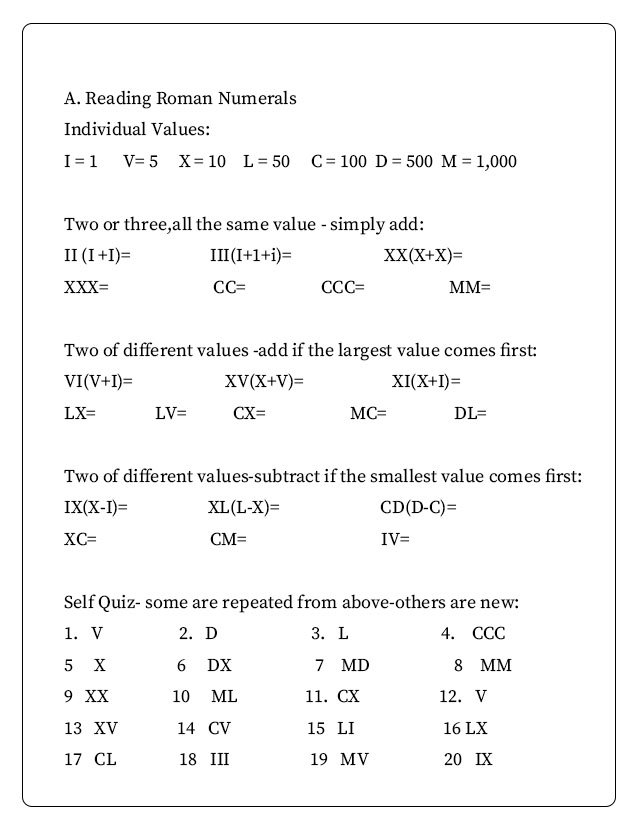 Free Printable Roman Numerals Worksheet For Grade 3