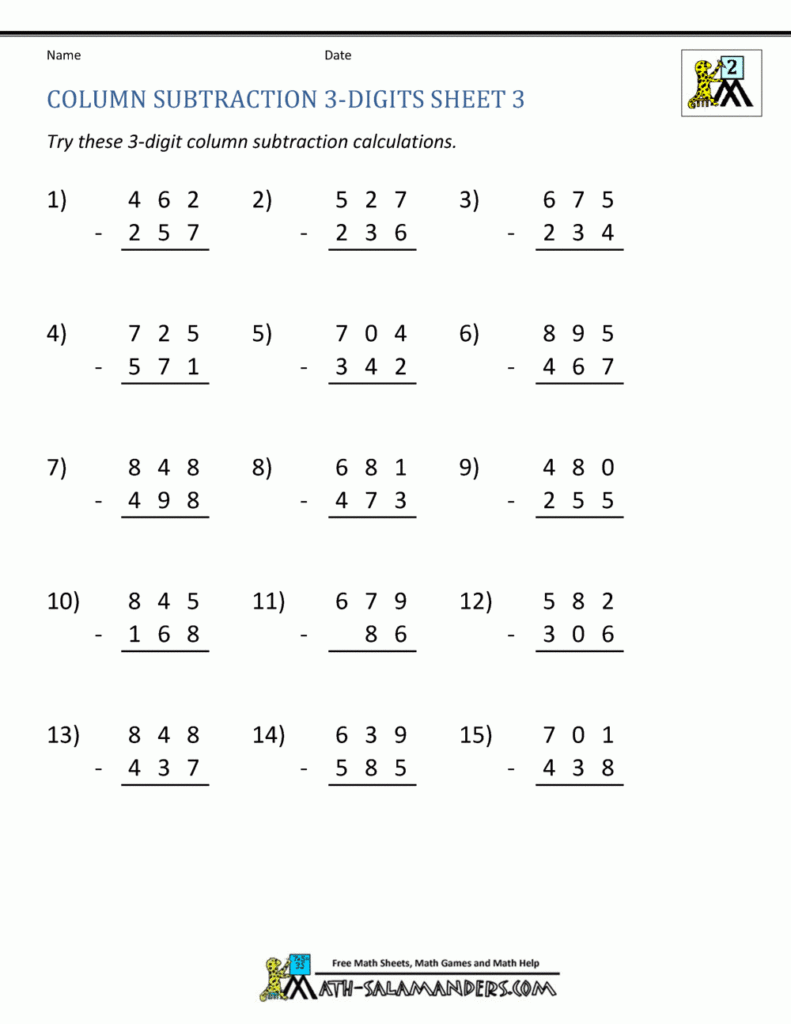 Free Subtraction Worksheets