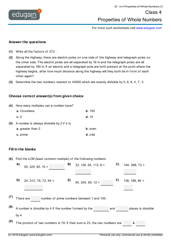 Grade 4 Properties Of Whole Numbers Math Practice Questions Tests