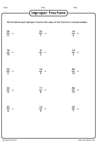 Improper Fractions 5th Grade Worksheet