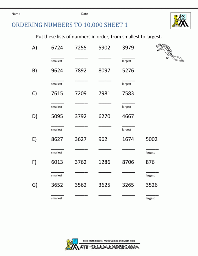 Math Worksheets 3rd Grade Ordering Numbers To 10000