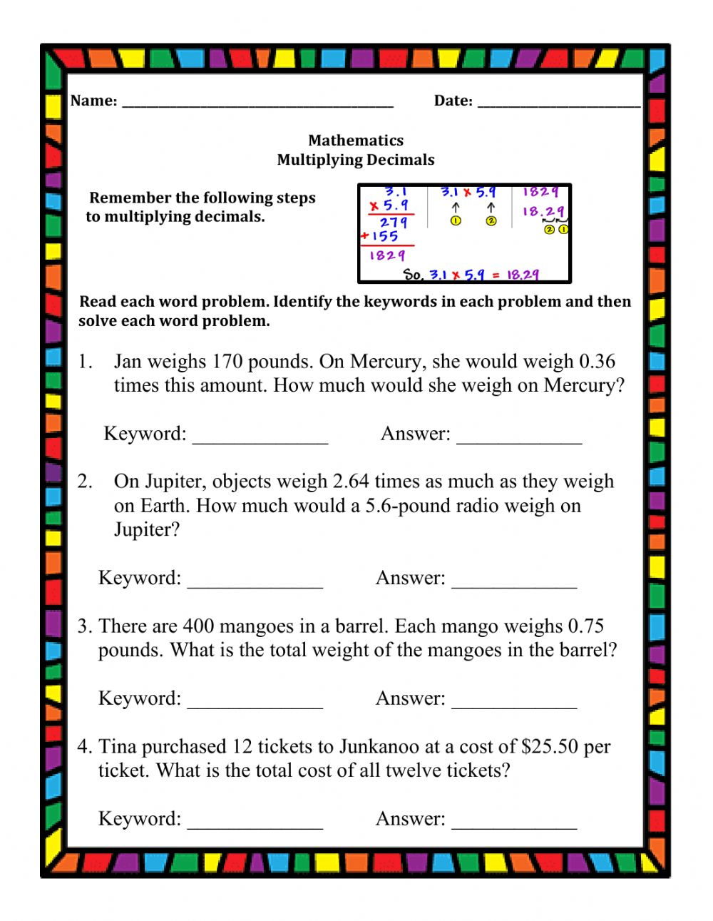 Multiplication With Decimals Word Problems Worksheet Times Tables Multiplication With Decimals Word Problems Worksheet Times Tables